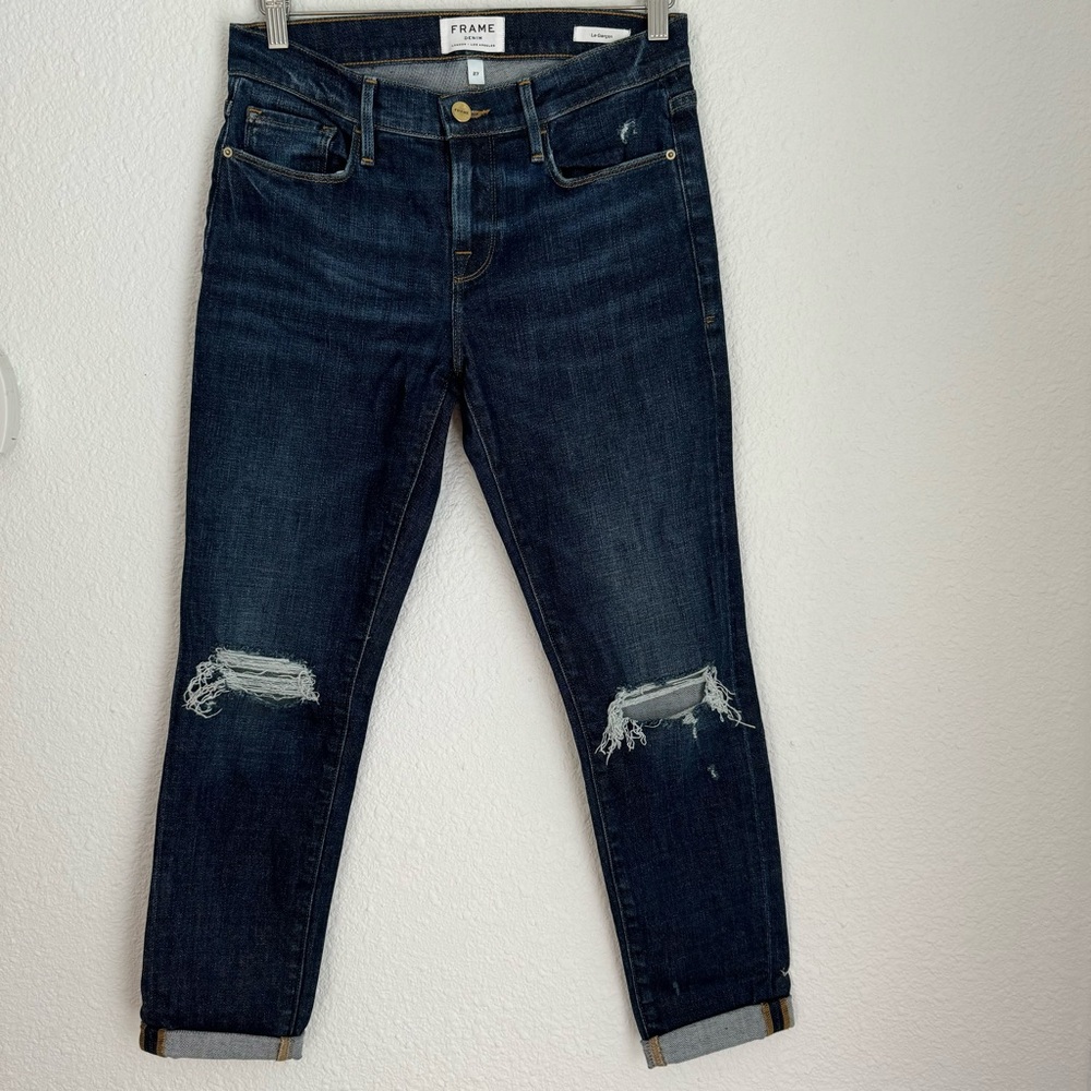 Frame Denim Le Garcon dark wash distressed boyfriend ankle jeans size 27